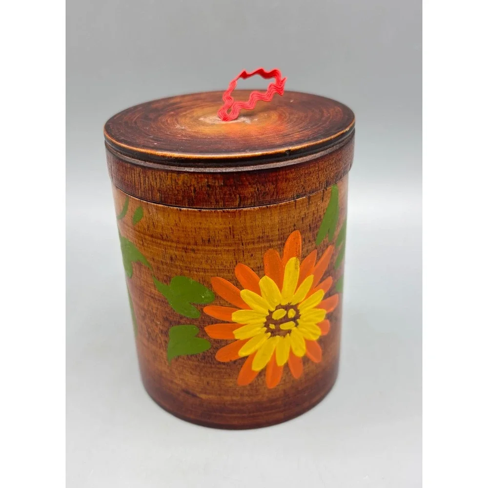 Vtg Hand Painted Wooden Canister Jar with Lid Floral Design Trinket‎ Dish